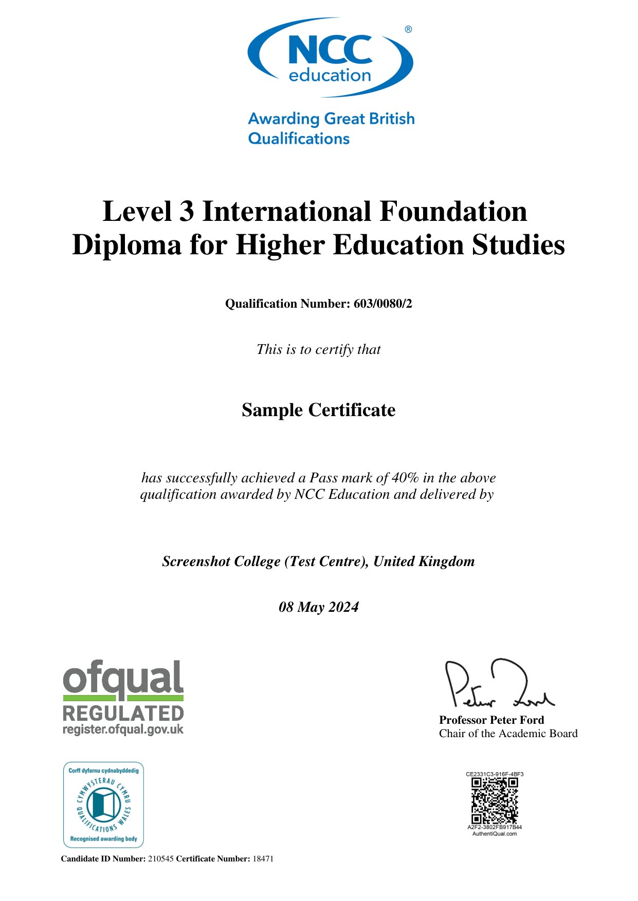 英国 NCC Education 国际预科文凭（IFD）证书样本，Ofqual 监管