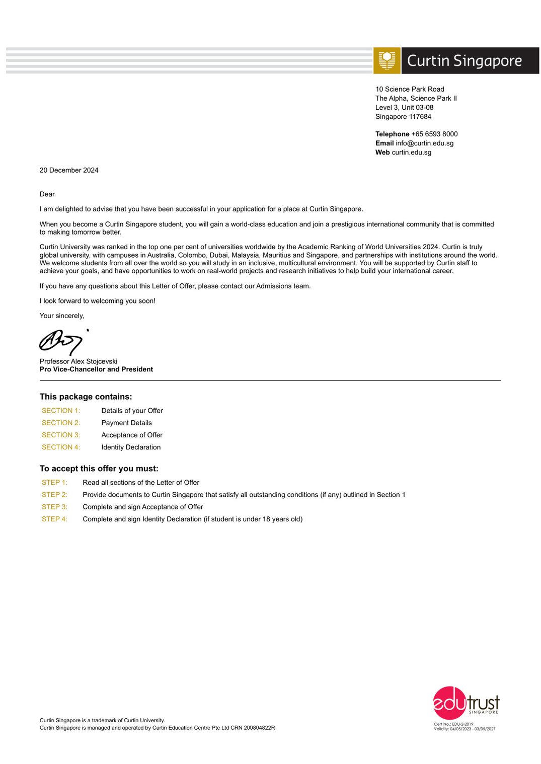 IFD 学生获得科廷大学新加坡校区录取 offer(会计)