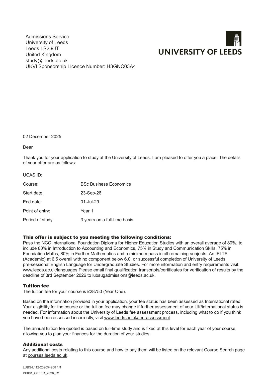 IFD 学生获得利兹大学录取 offer(商科)