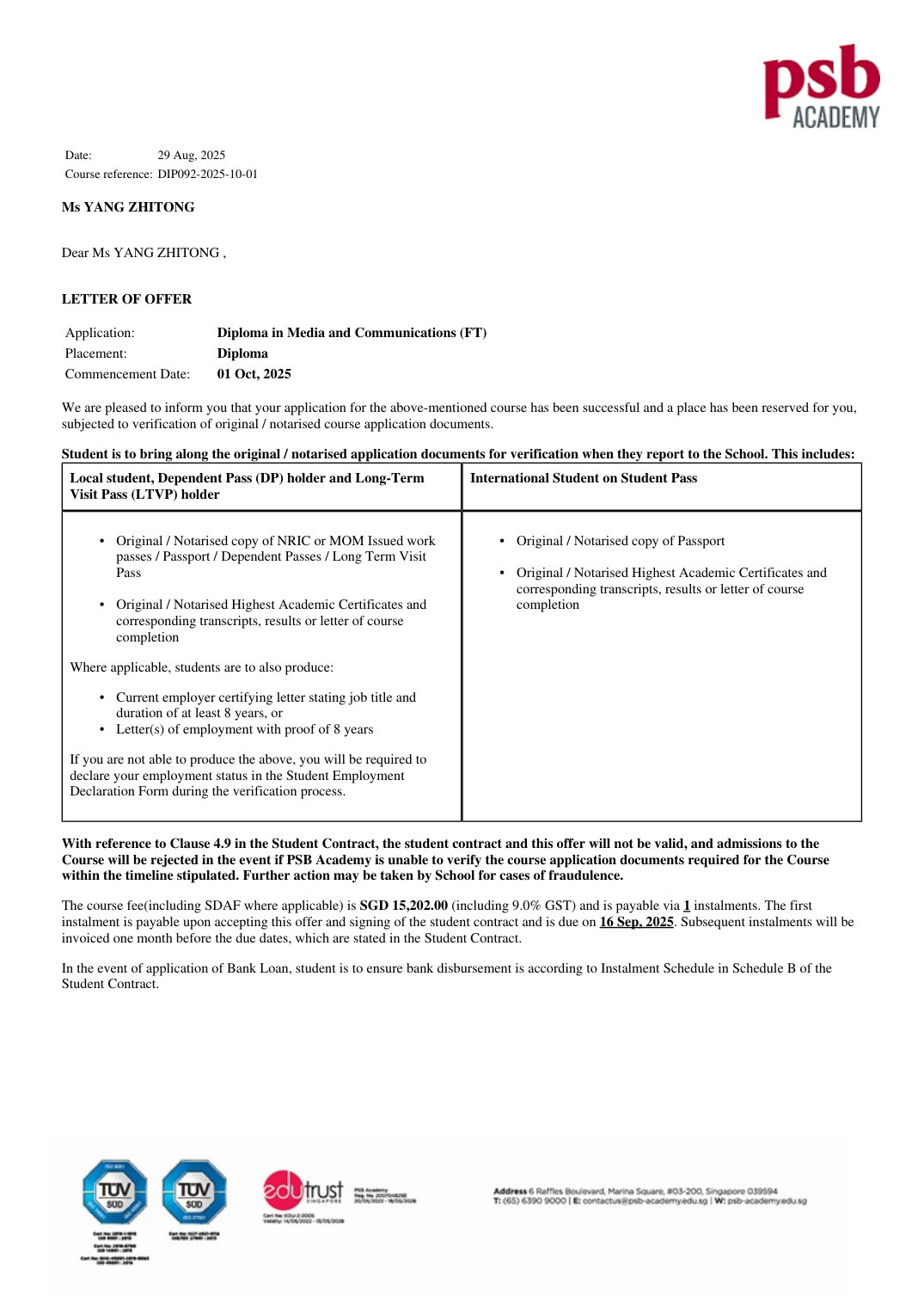 IFD 学生获得新加坡 PSB 学院录取 offer(媒体与传播)