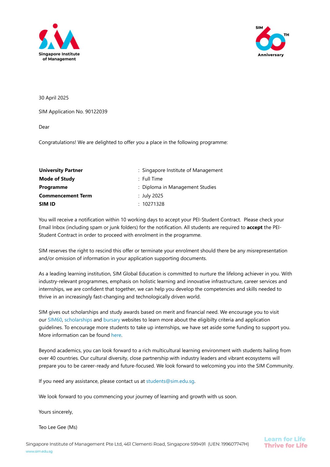 IFD 学生获得新加坡管理学院 SIM 录取 offer(管理研究文凭)