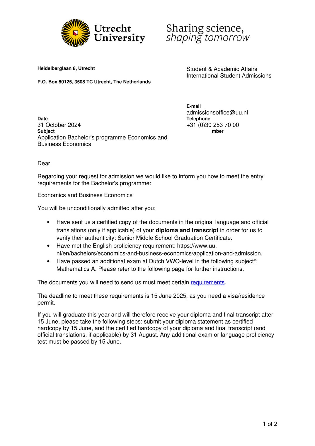 IFD 学生获得荷兰乌得勒支大学录取 offer(经济学与商业经济学)