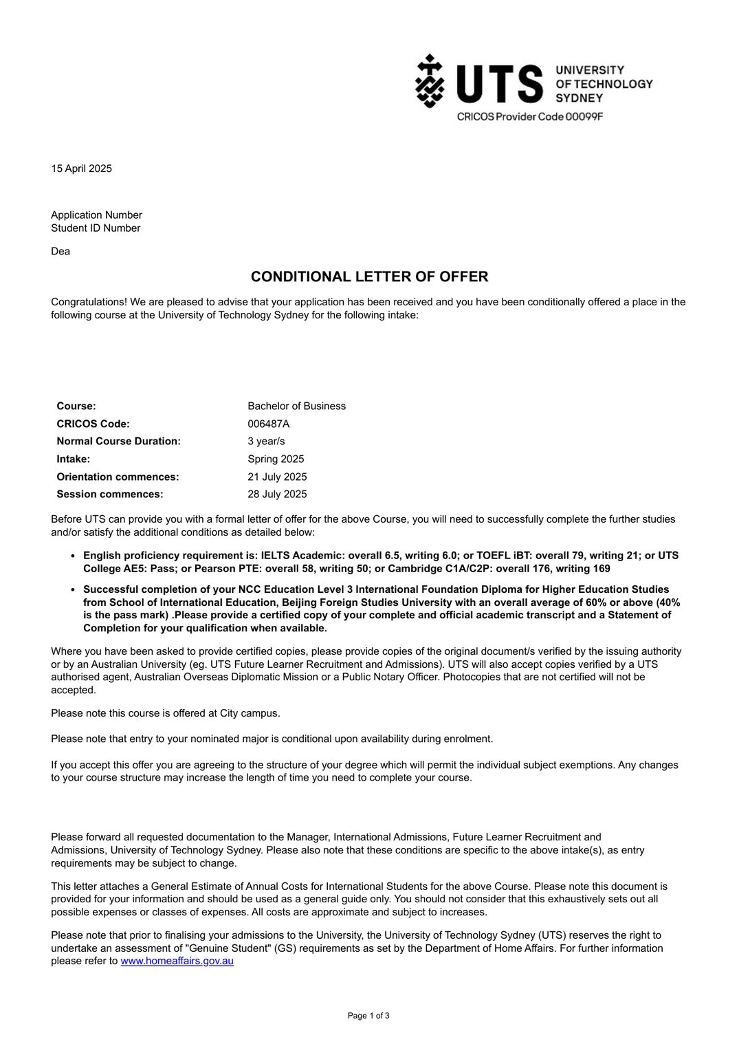 IFD 学生获得悉尼科技大学录取 offer(商科)